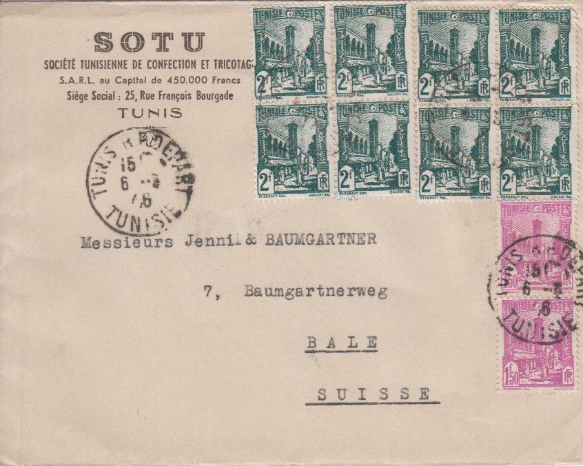 Alle Briefmarken: Brief TUNIS n. BASEL - schöne Frankatur – Gebraucht aus Eschlikon TG von PhilCon